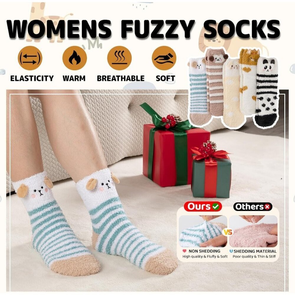 Women's Multi 5 Pairs Fuzzy Socks for Warm Fluffy Cozy Winter Soft Home Slipper - Picture 2 of 7